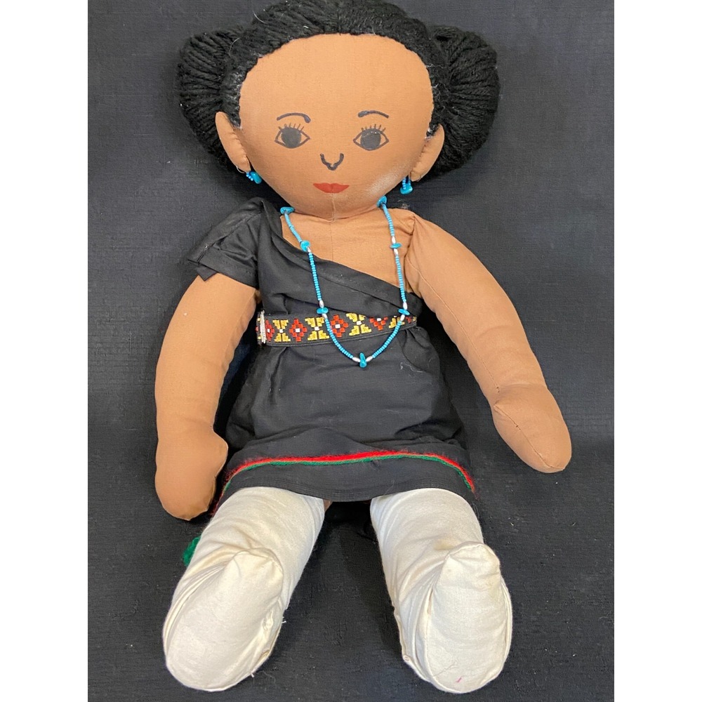 Handmade Cloth Doll Womens 20" Black Dress Beaded Necklace Braided Hair Folk Art